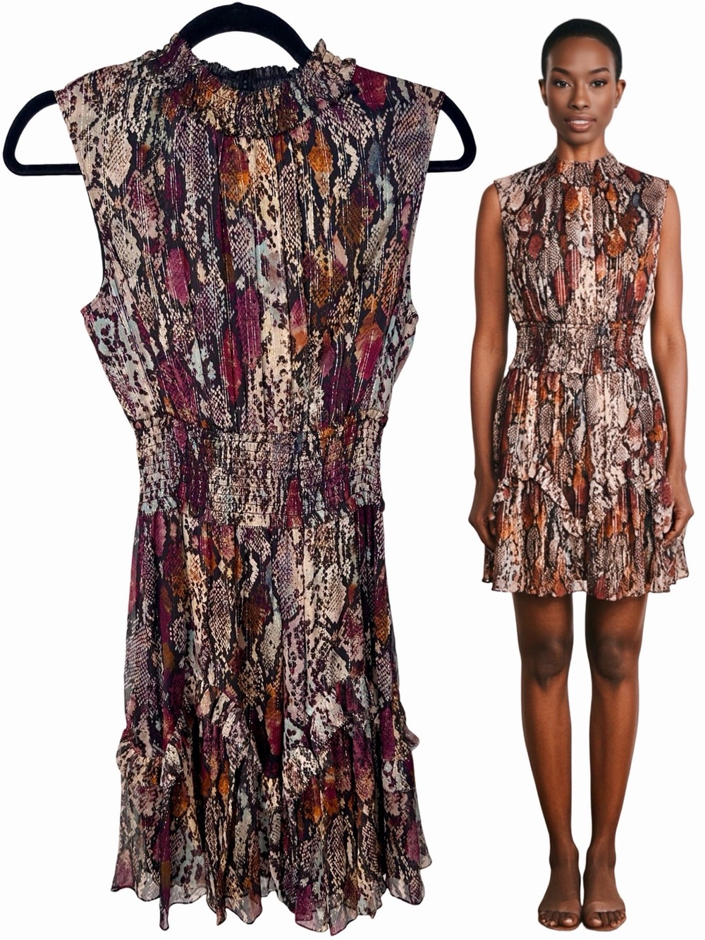 REBECCA TAYLOR Multicolor Snake-Print Silk Ruffled Mini Dress xs Sz 0